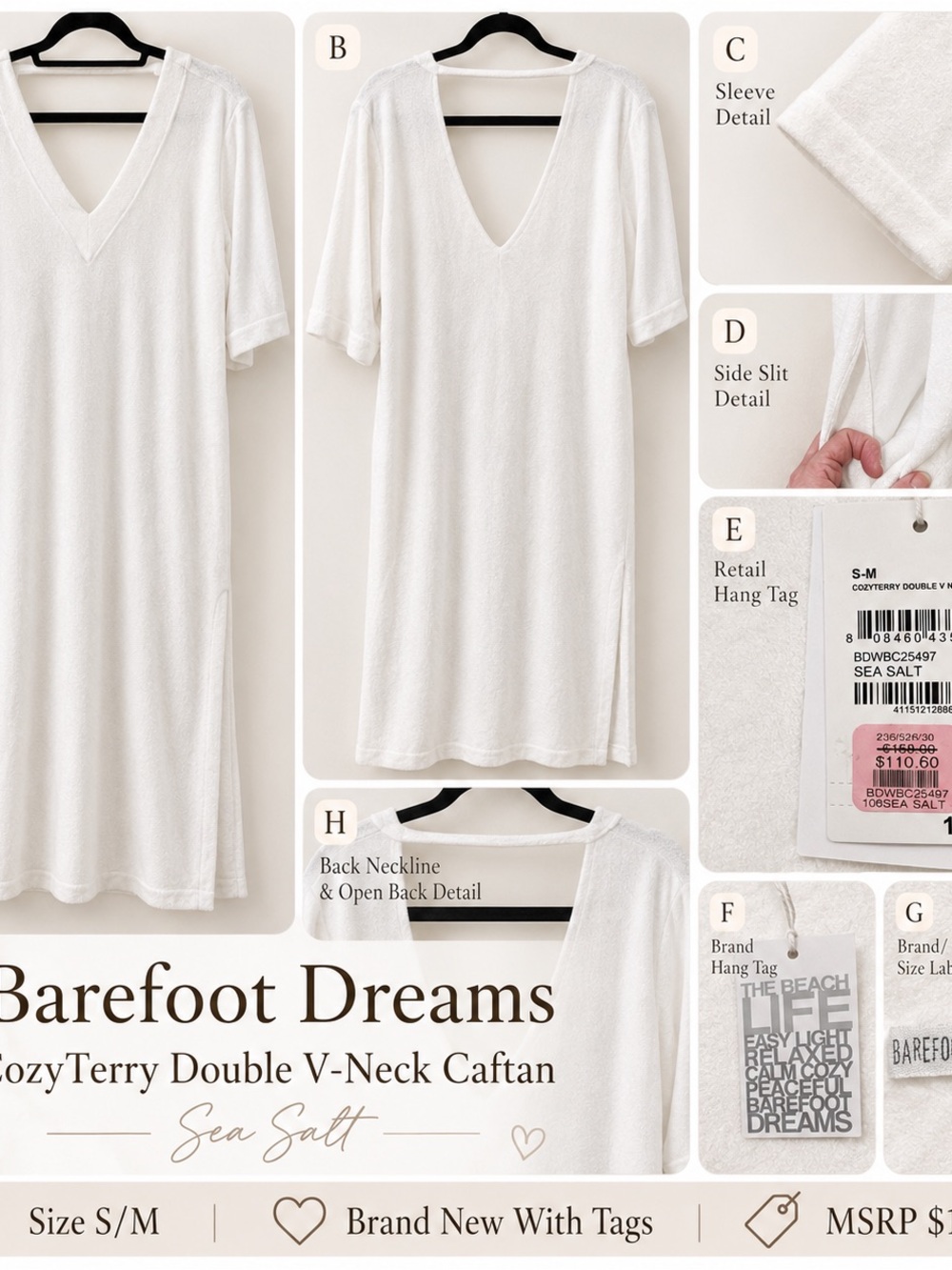 Barefoot Dreams Sea Salt Cozy Terry Double V-Neck Caftan